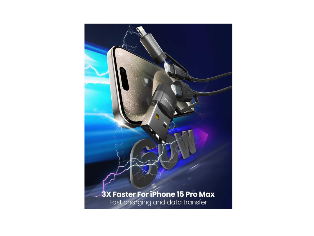 Moxedo 4 in 1 Charging Cable 60W PD Interchangeable USB-A/USB-C to USB-C/Lightning 1.2m Braided Nylon Cable (Black) MX-NC049 Moxedo 4 in 1 Charging Cable 60W PD Interchangeable USB-A/USB-C to USB-C/Lightning 1.2m Braided Nylon Cable (Black) MX-NC049